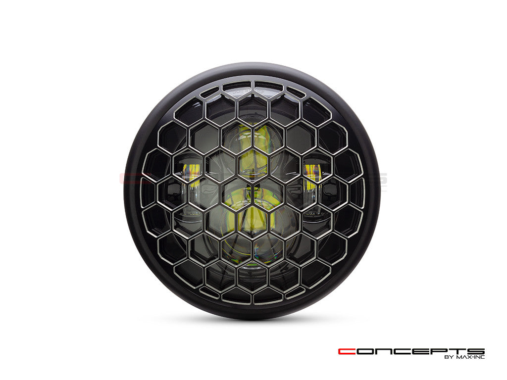 7.7" Matte Black + Contrast Multi Projector LED Headlight + Honeycomb Grill Cover-Front