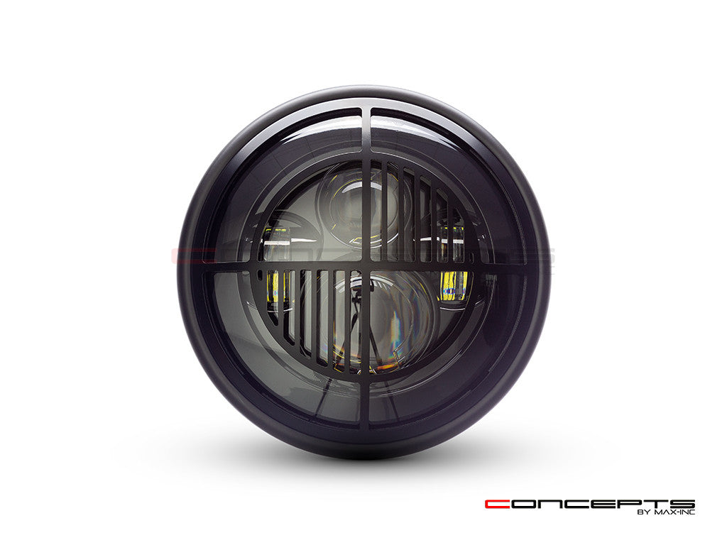 7.7" Matte Black Multi Projector LED Headlight + Beemer Grill Cover-Front