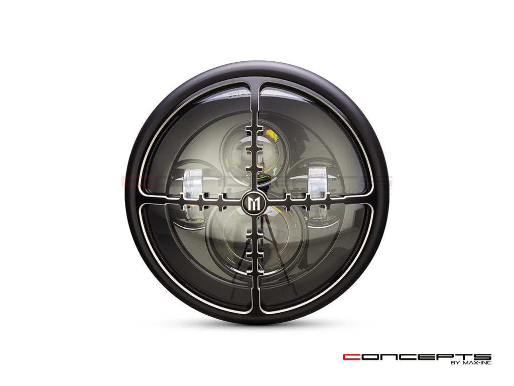 7.7" Matte Black + Contrast Multi Projector LED Headlight + Cross Hairs Grill Cover-Front
