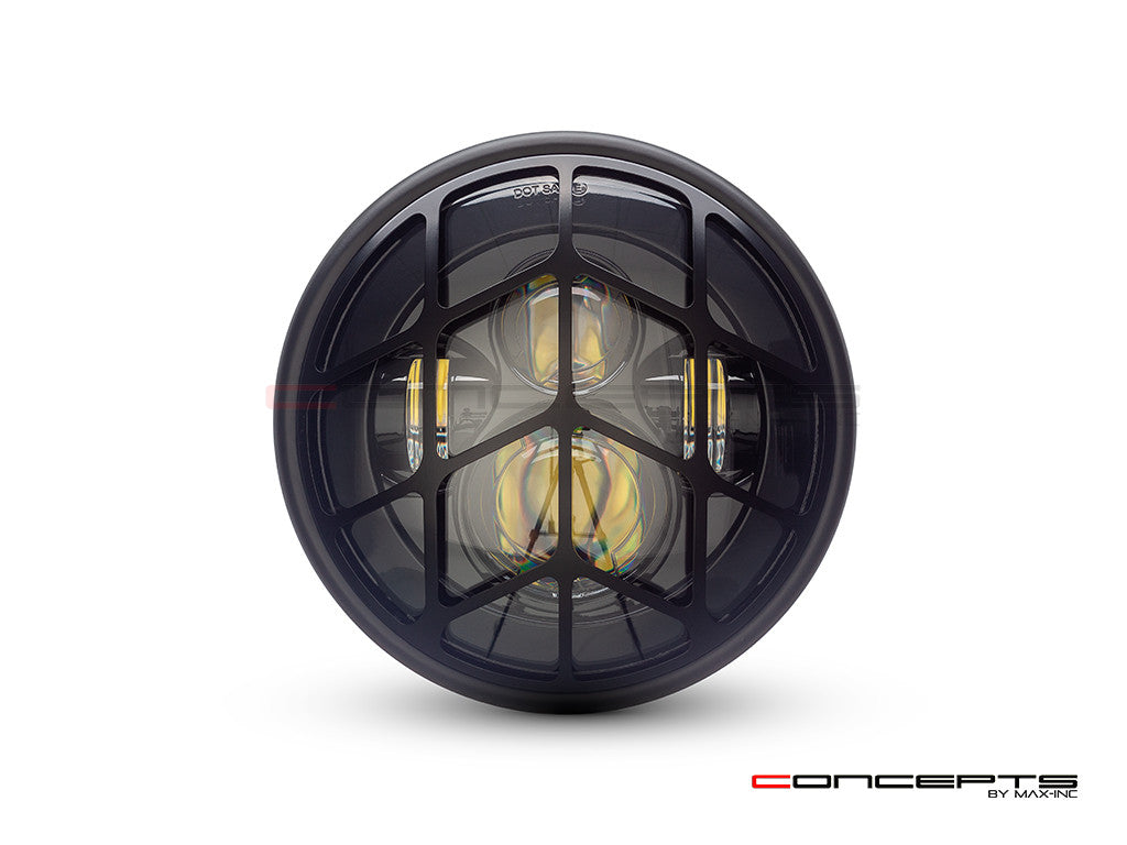 7.7" Matte Black Multi Projector LED Headlight + Spyder Grill Cover-Front