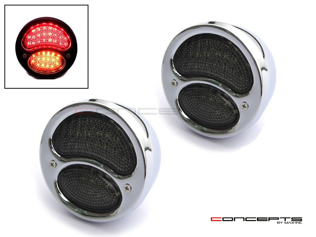 Pair Of Chrome Vintage Style Integrated LED Stop + Tail + Turn Signals - Smoked Lense