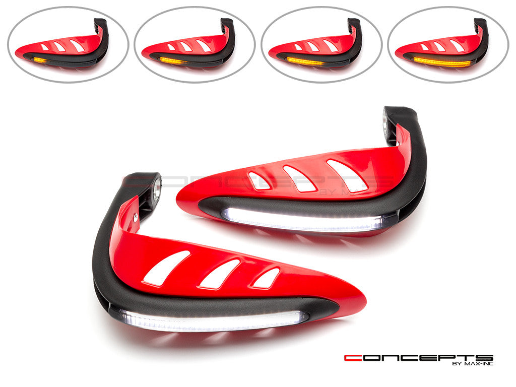 Red Universal LED Handguards with Integrated Daytime Running Lights + Turn Signals - Cool White / Amber