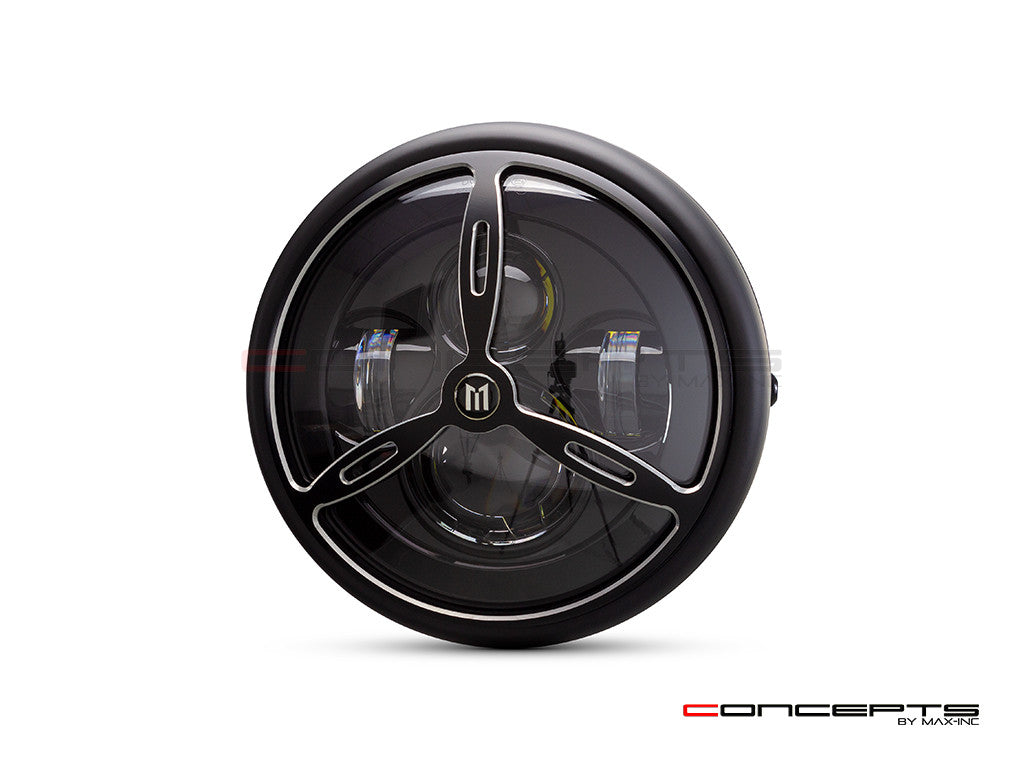 7.7" Matte Black + Contrast Multi Projector LED Headlight + Tri-Prop Grill Cover