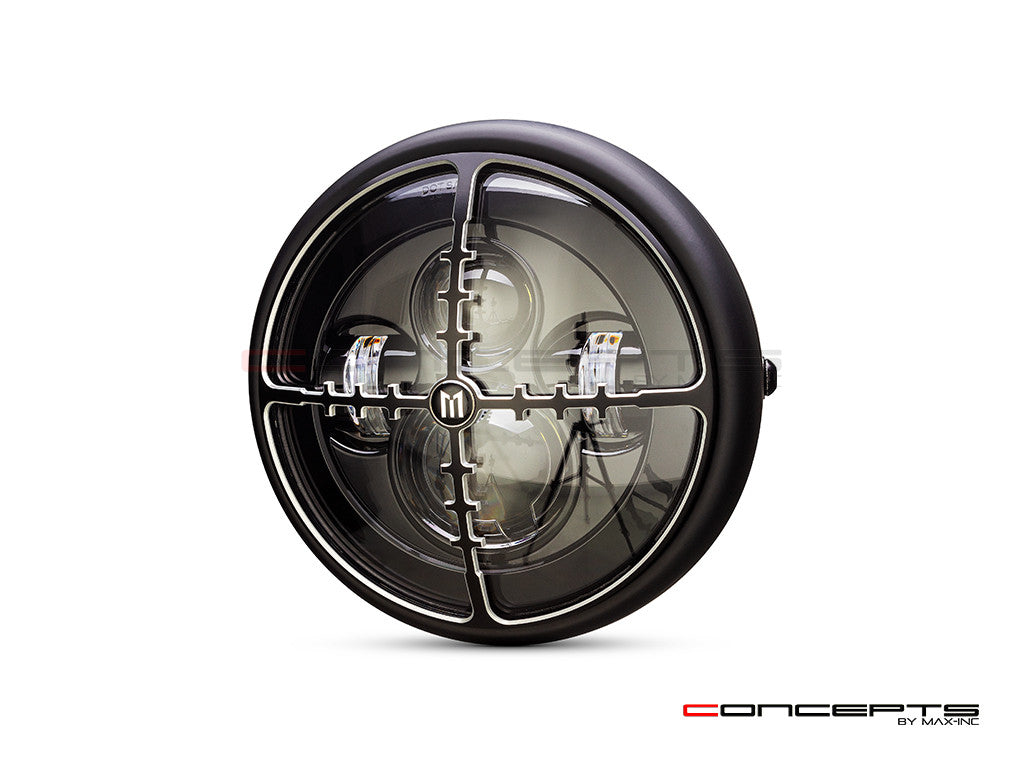 7.7" Matte Black + Contrast Multi Projector LED Headlight + Cross Hairs Grill Cover-Front