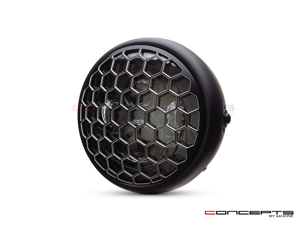 7.7" Matte Black + Contrast Multi Projector LED Headlight + Honeycomb Grill Cover