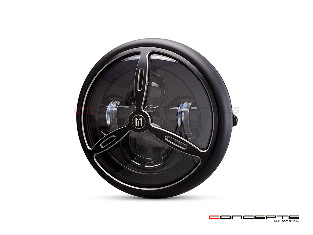 7.7" Matte Black + Contrast Multi Projector LED Headlight + Tri-Prop Grill Cover