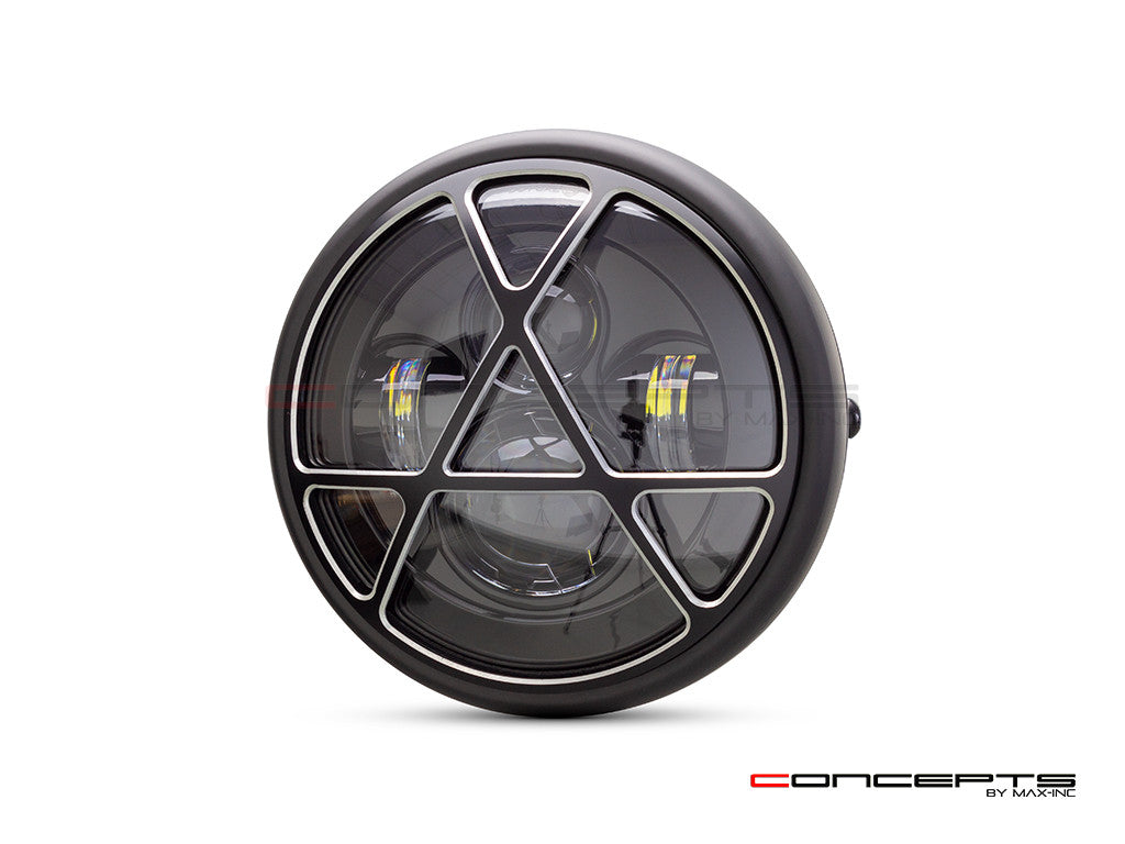7.7" Matte Black + Contrast Multi Projector LED Headlight + Anarchy Grill Cover -Side 1