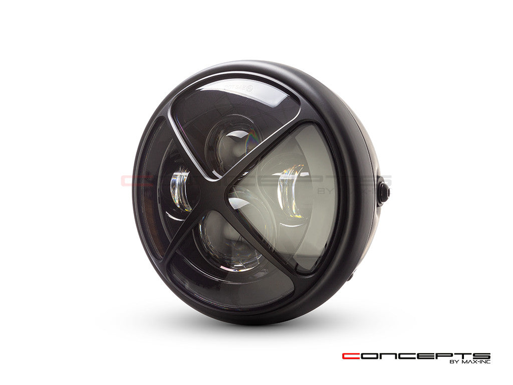 7.7" Matte Black Multi Projector LED Headlight + X Cross Cover7.7" Matte Black Multi Projector LED Headlight + X Cross Cover