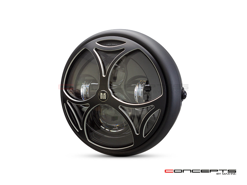 7.7" Matte Black + Contrast Multi Projector LED Headlight + Tri-Maltese Grill Cover