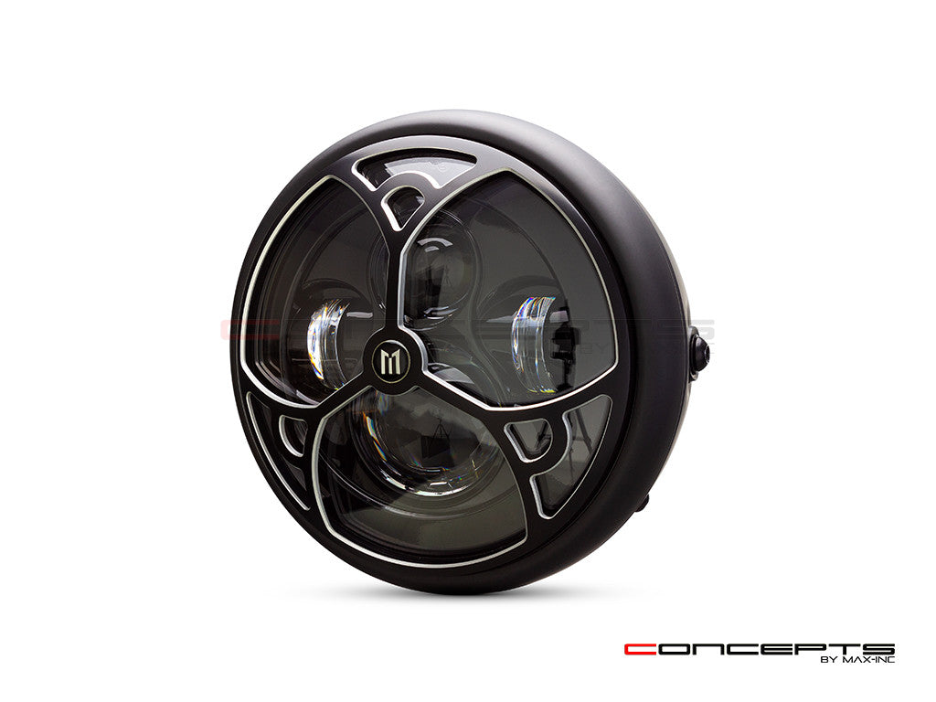 7.7" Matte Black + Contrast Multi Projector LED Headlight + Tri-Deco Grill Cover