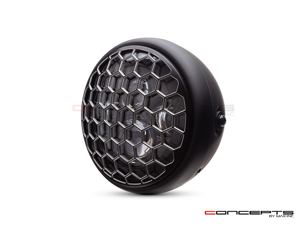 7.7" Matte Black + Contrast Multi Projector LED Headlight + Honeycomb Grill Cover