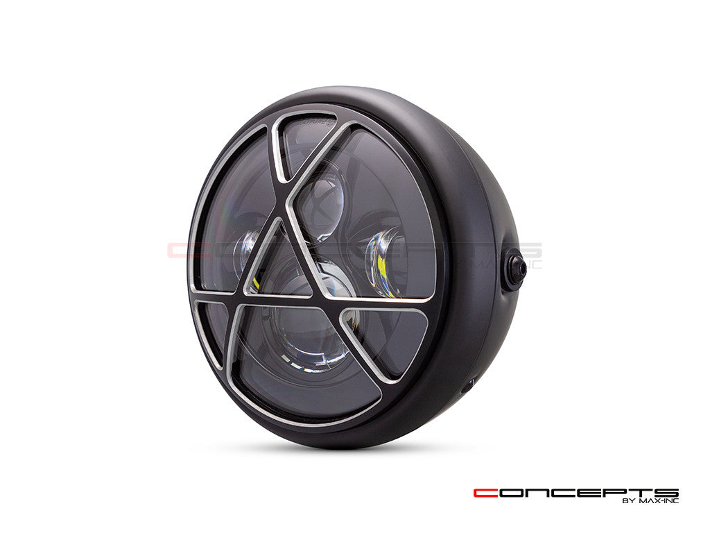 7.7" Matte Black + Contrast Multi Projector LED Headlight + Anarchy Grill Cover- Side 2