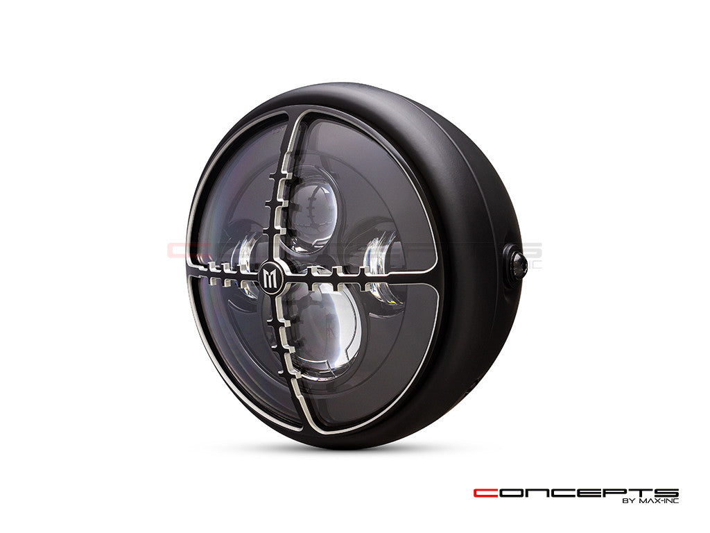 7.7" Matte Black + Contrast Multi Projector LED Headlight + Cross Hairs Grill Cover
