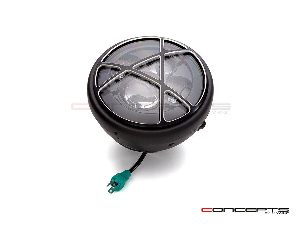 7.7" Matte Black + Contrast Multi Projector LED Headlight + Anarchy Grill Cover - Wiring