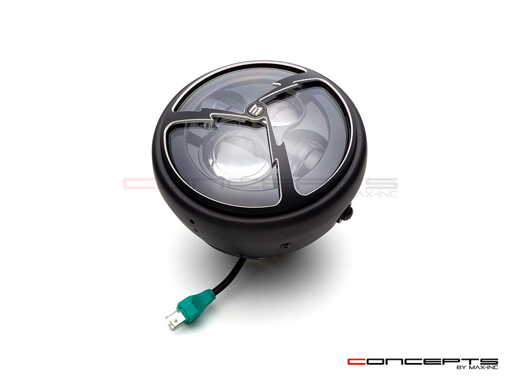 7.7" Matte Black + Contrast Multi Projector LED Headlight + Tri-Bolt Grill Cover