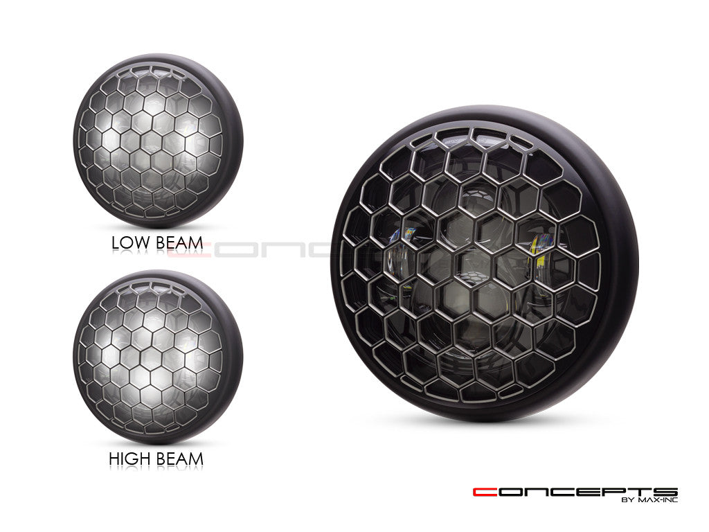 7.7" Matte Black + Contrast Multi Projector LED Headlight + Honeycomb Grill Cover-Ligth Display