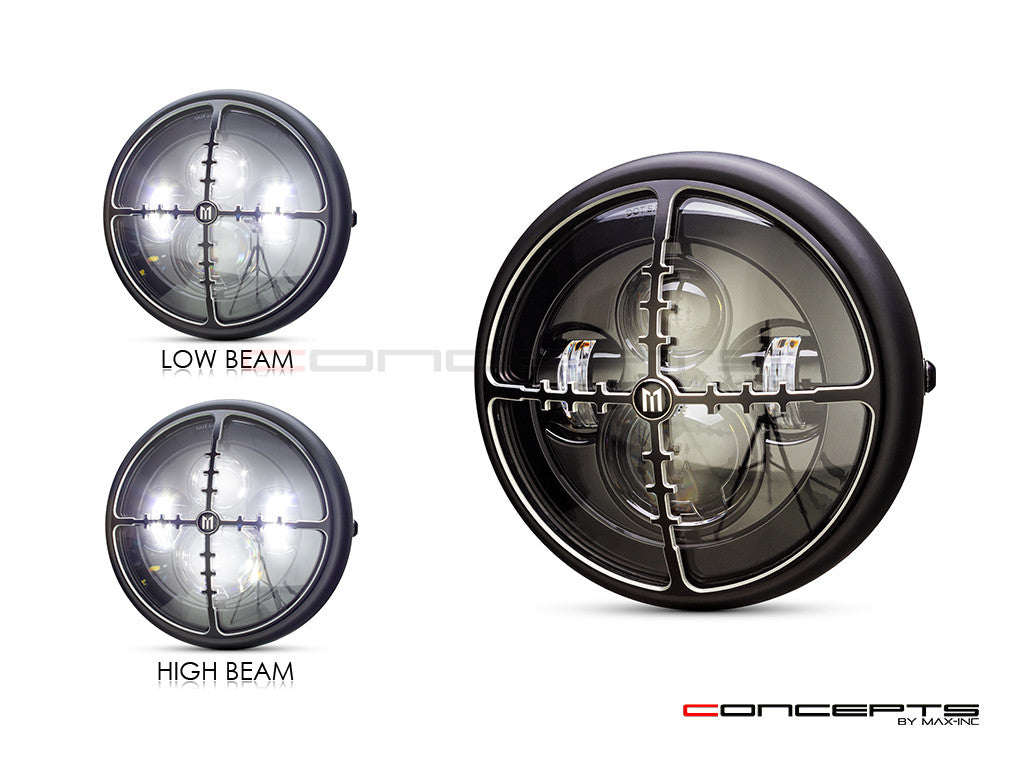 7.7" Matte Black + Contrast Multi Projector LED Headlight + Cross Hairs Grill Cover- Light Display
