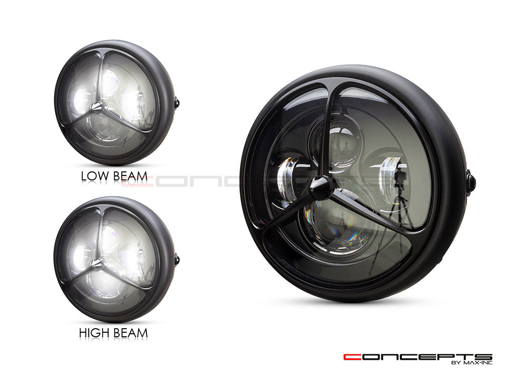 7.7" Matte Black Multi Projector LED Headlight + Tri-Benz Grill Cover-Light Display