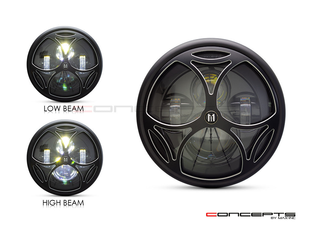 7.7" Matte Black + Contrast Multi Projector LED Headlight + Tri-Maltese Grill Cover - Light Display