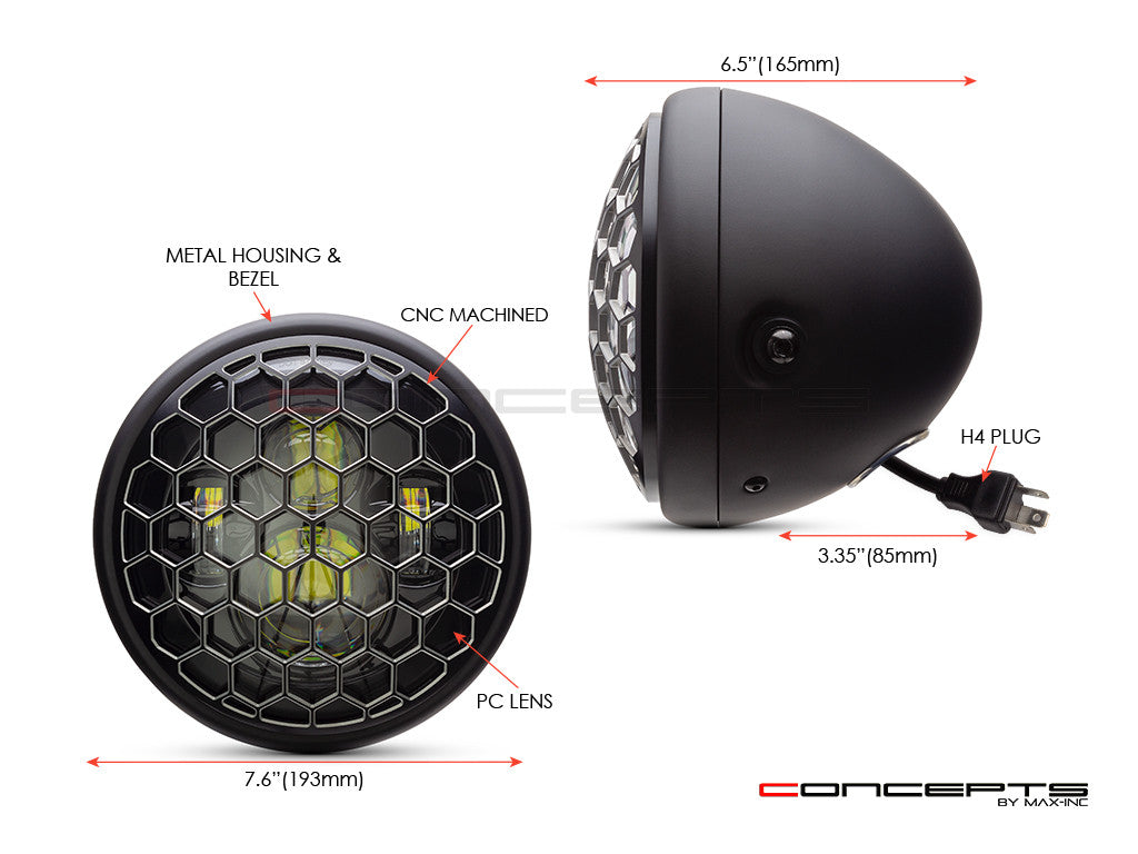 7.7" Matte Black + Contrast Multi Projector LED Headlight + Honeycomb Grill Cover-Size