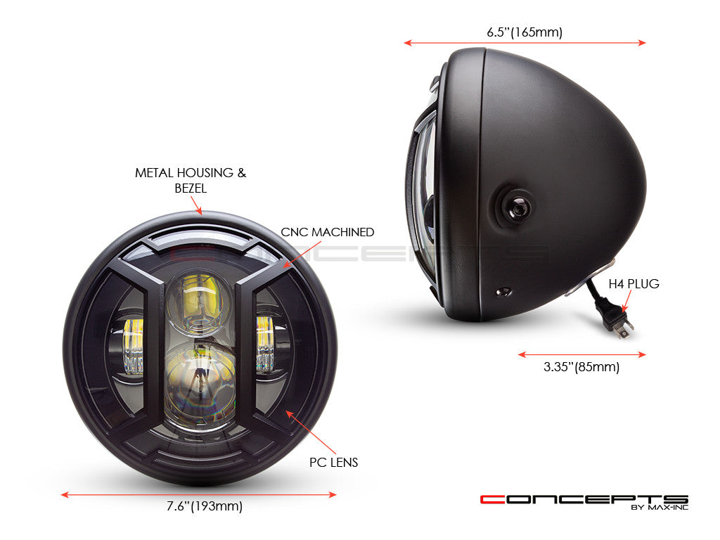 7.7" Matte Black Multi Projector LED Headlight + Armour Cover-Size