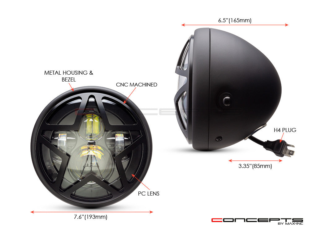 7.7" Matte Black Multi Projector LED Headlight + Big Star Grill Cover-Size