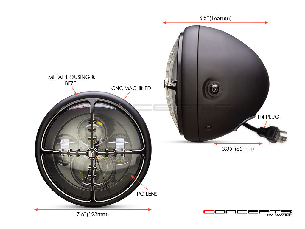 7.7" Matte Black + Contrast Multi Projector LED Headlight + Cross Hairs Grill Cover-Size