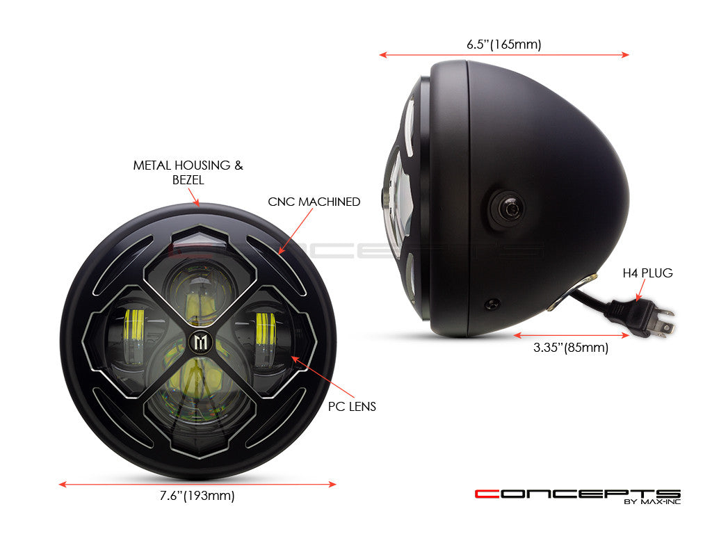 7.7" Matte Black + Contrast Multi Projector LED Headlight + Rukis Grill Cover-Size