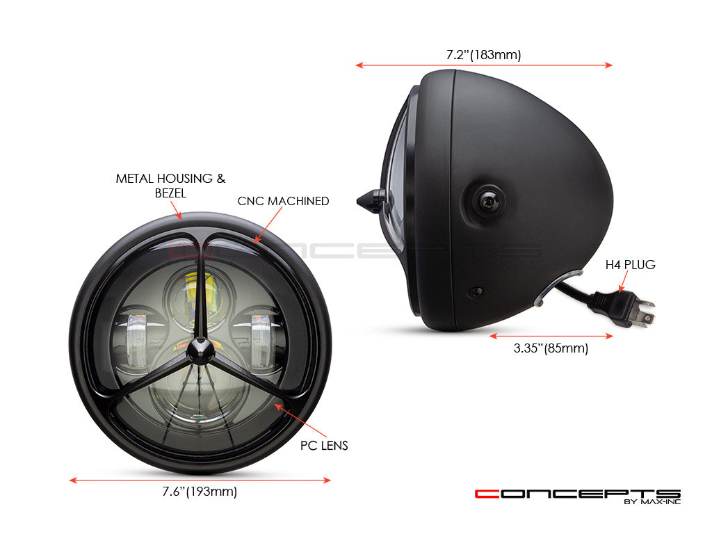 7.7" Matte Black Multi Projector LED Headlight + Tri-Benz Grill Cover-Size
