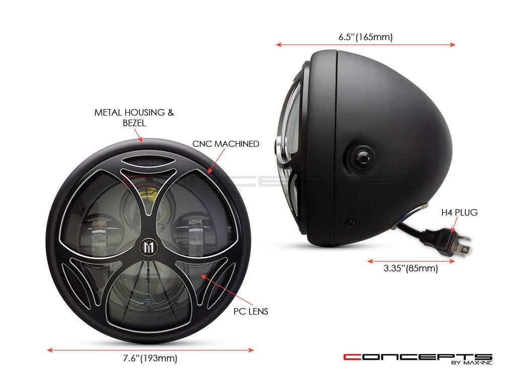 7.7" Matte Black + Contrast Multi Projector LED Headlight + Tri-Maltese Grill Cover-Size