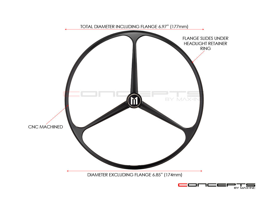 7" Tri-Benz Grille Design Black CNC Aluminum Headlight Guard Cover
