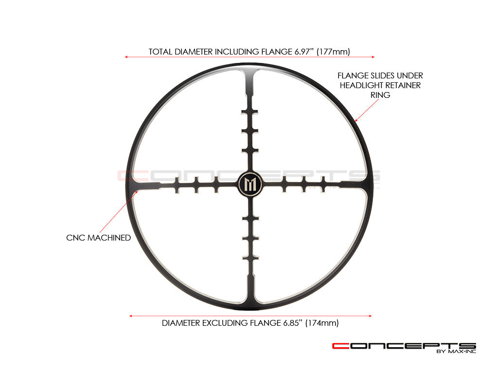 7" Cross Hairs Grille Design Black + Contrast CNC Aluminum Headlight Guard Cover
