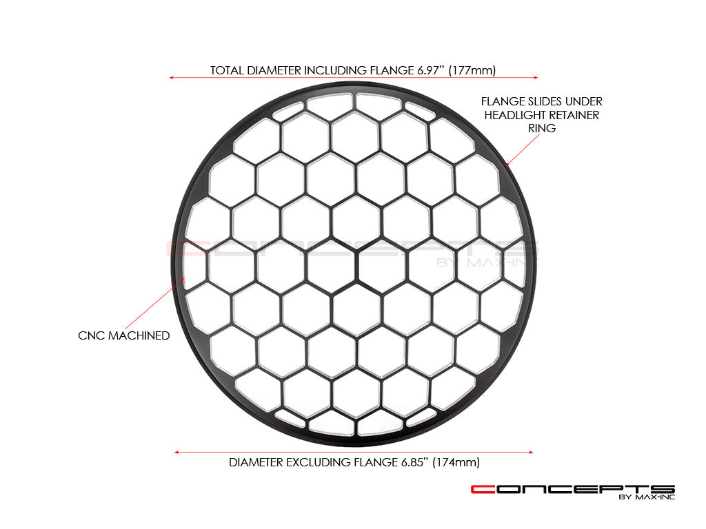 7" Honeycomb Grille Design Black + Contrast CNC Aluminum Headlight Guard Cover