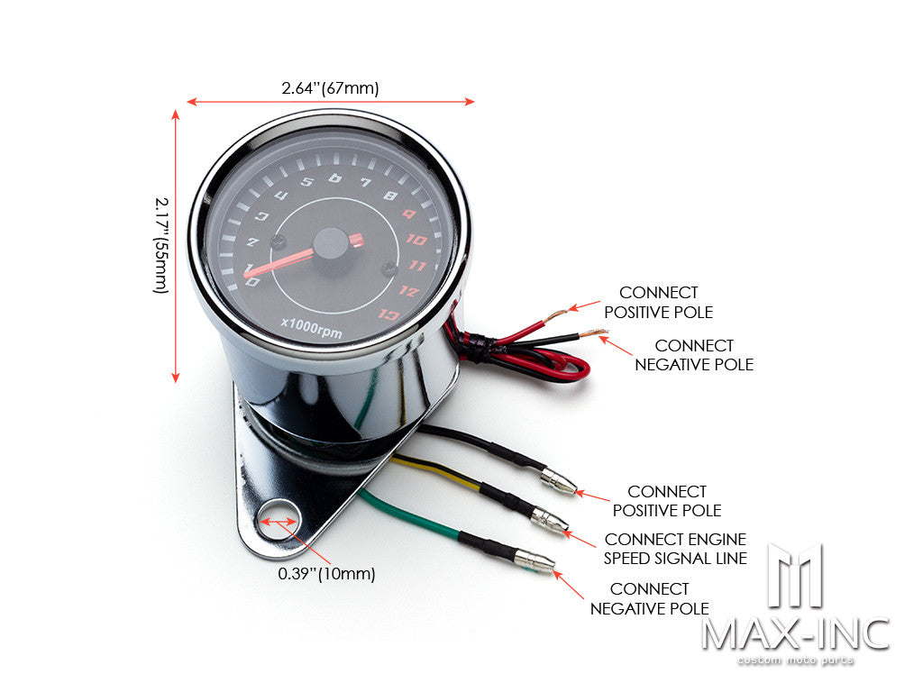 65mm Universal Chrome Electronic Tachometer + Mounting Bracket