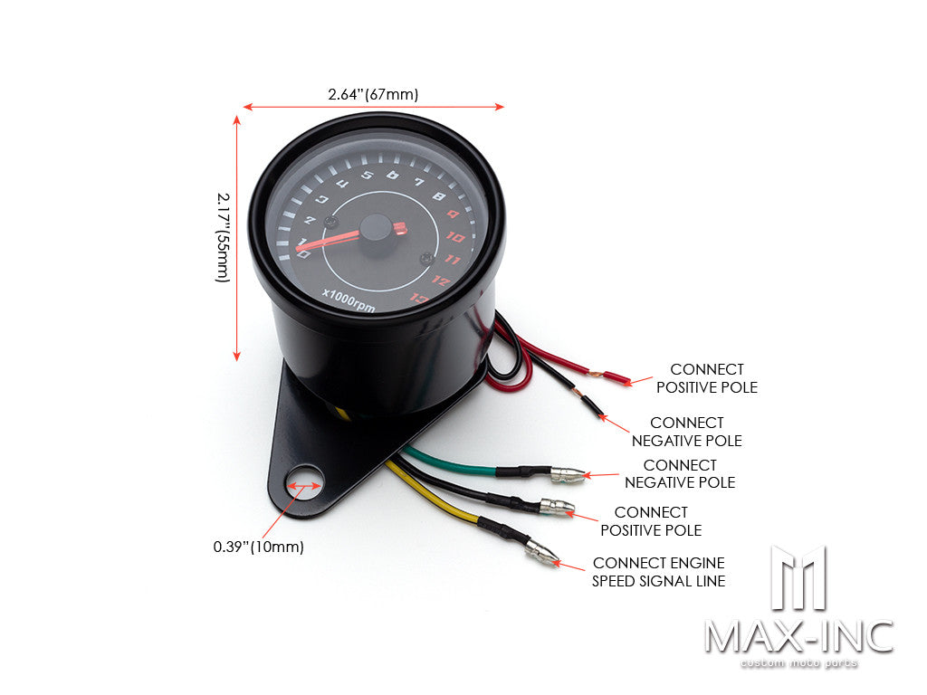 65mm Universal Black Electronic Tachometer + Mounting Bracket