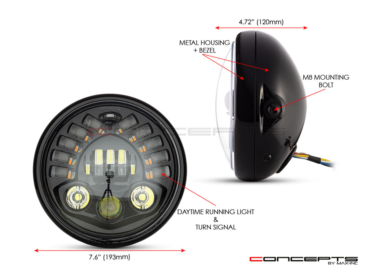 7.7 Inch Gloss Black Short Metal LED MOD Integrated Headlight - DRL + Turn Signals