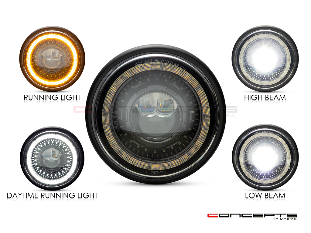 7" Black LED Projector Headlight - Sequential DRL/Amber Halo, DOT/EMARK, IP67, Aluminum Alloy (60W High/Low)