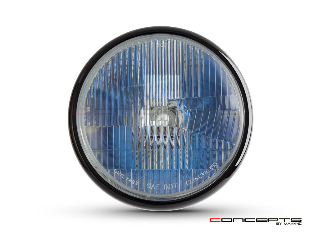 7.7 Inch Gloss Black Universal Metal Classic Headlight - H4 55W Halogen, DOT Approved, 6000K Cool White for Cafe Racers, Scramblers, Project Bikes