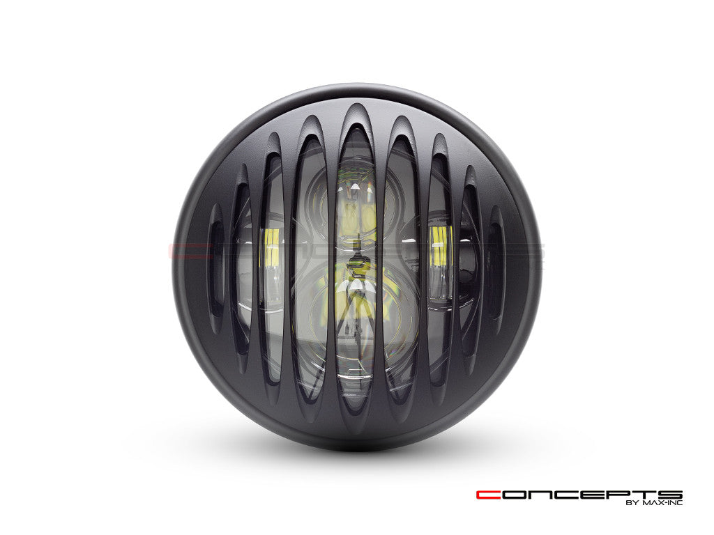 7.7" Matte Black Multi Projector LED Headlight + Prison Grill Cover-Front
