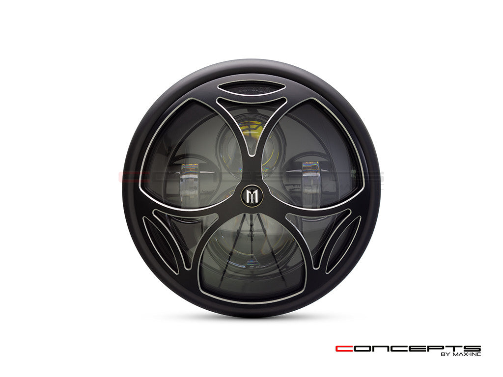 7.7" Matte Black + Contrast Multi Projector LED Headlight + Tri-Maltese Grill Cover-Front