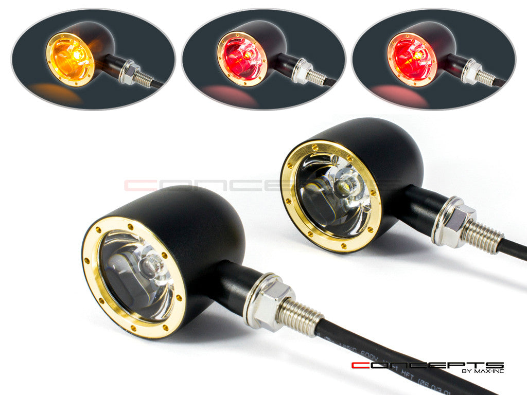 Black + Brass Bezel CNC Billet Aluminum Classic Integrated LED Stop/Tail/Turn Signals - Dual Color (Amber Turn, Red Tail/Stop)