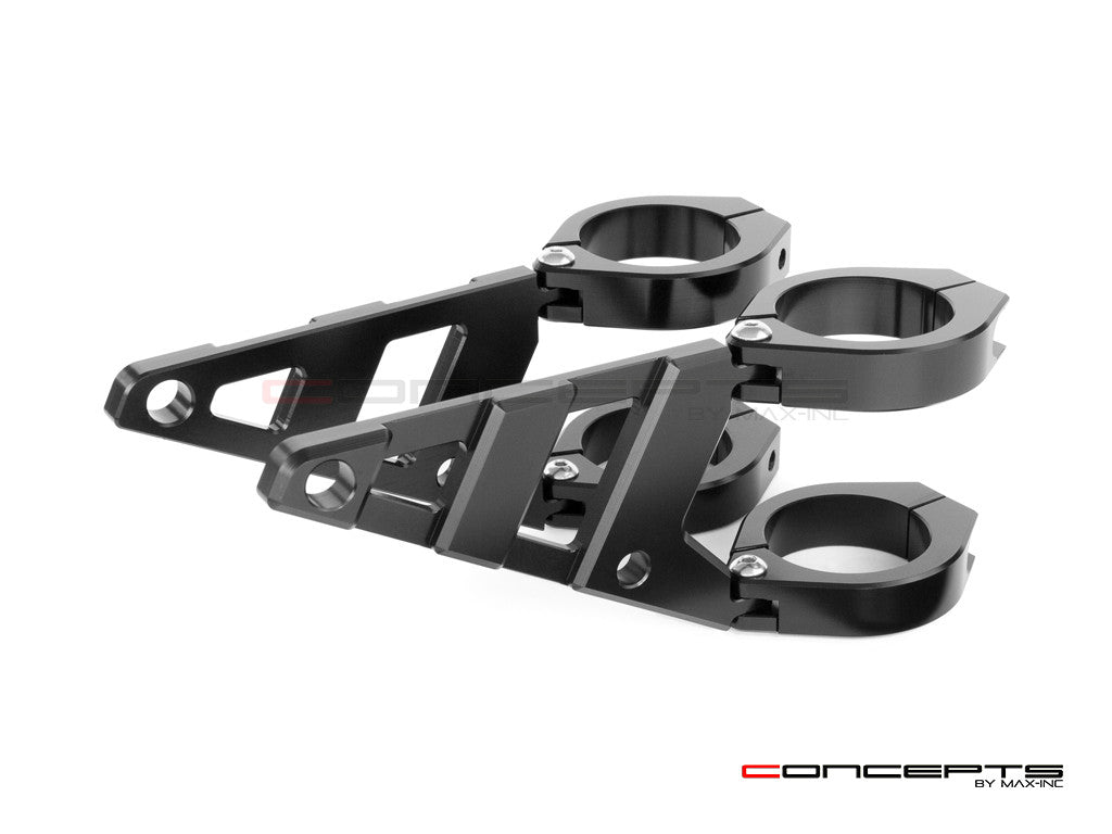 CNC Machined T6061 Aluminum Headlight Brackets – Adjustable Arms & 2-Piece Fork Clamps for Cafe Racers, Scramblers, Custom Bikes (32-59mm Fit, Black Anodized)