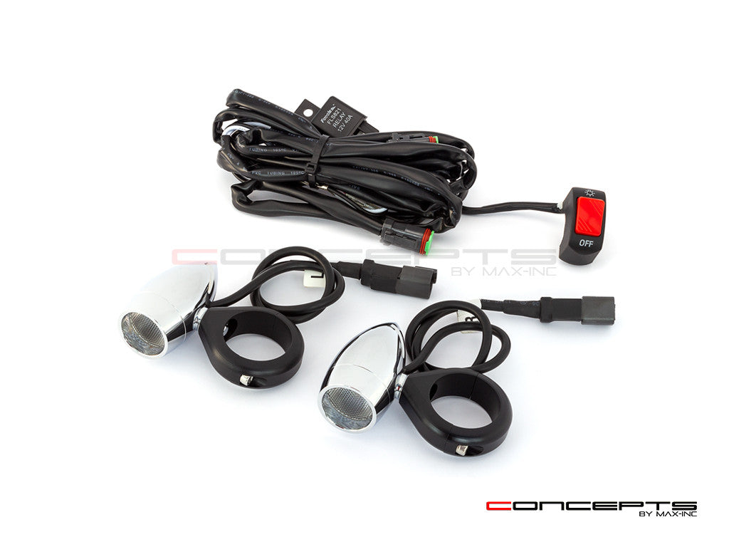 Chrome Aluminum Bullet Spot / Fog Lights + Complete Wiring Kit + Fork Clamps - 32/33mm