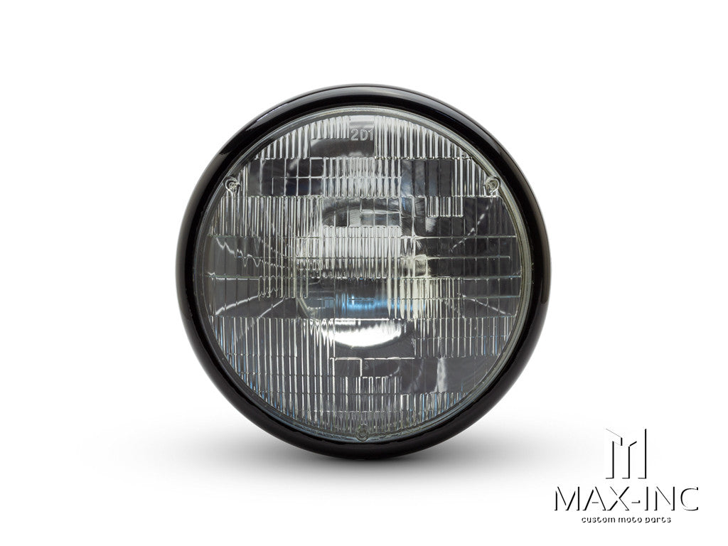 7.7" Gloss Black Shorty Headlight - 55W Sealed Beam, 12V Low/High, All-Metal Housing