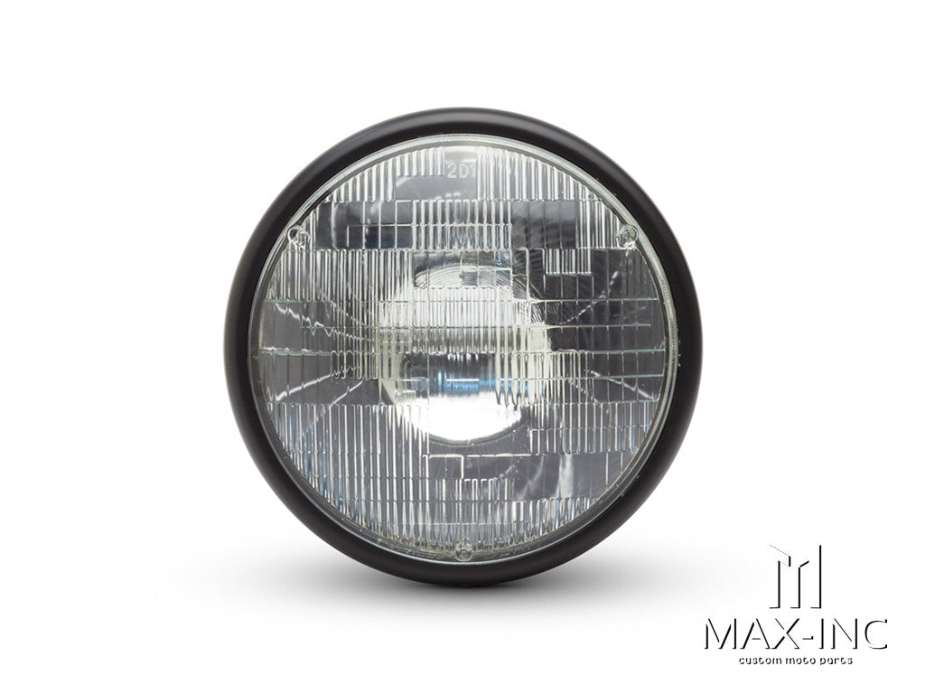 7.7" Matte Black Shorty Metal Headlight - Classic 55W Sealed Beam, 12V Low/High, All-Metal Housing