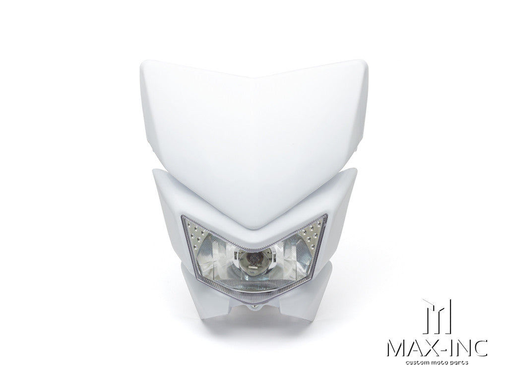 White Beasty Supermoto Headlight Mask - 35W 3-Function, ABS, Universal Fit