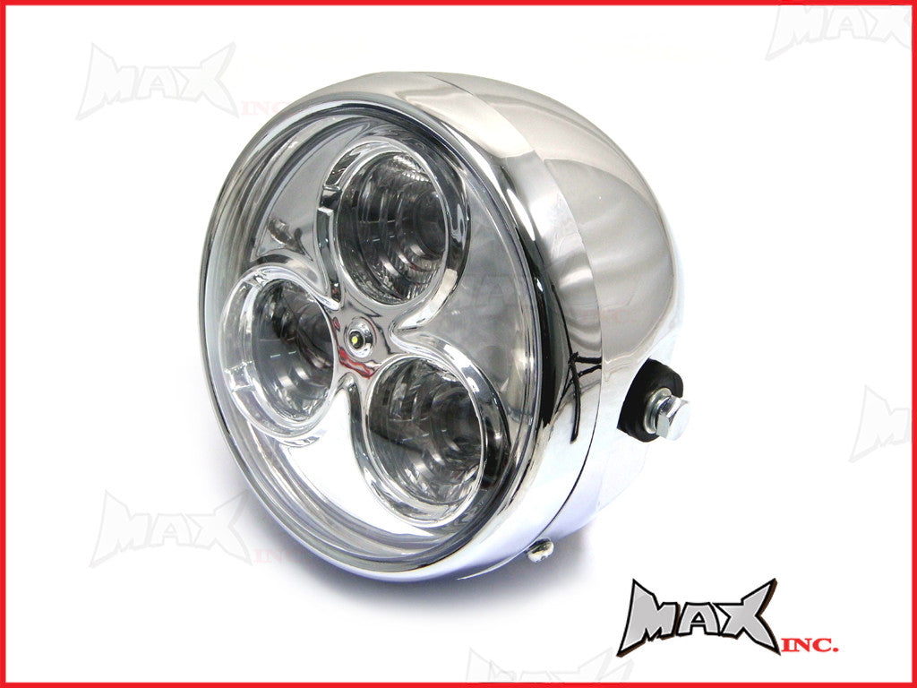 6.75" Chrome Plastic Tri-Beam LED Headlight - 3x3W, ABS Housing, Park/Low/High Beam