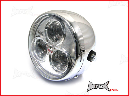6.75" Chrome Plastic Tri-Beam LED Headlight - 3x3W, ABS Housing, Park/Low/High Beam
