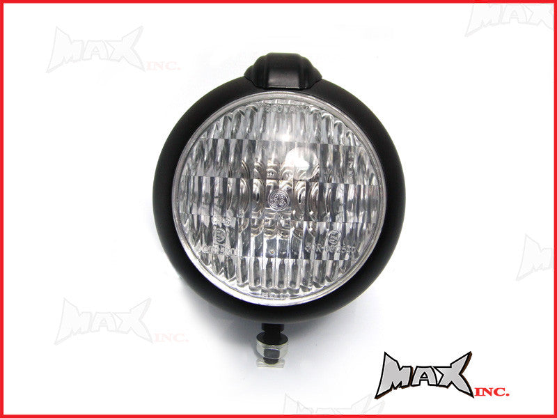5 1/2" Bates Style Matte Black Metal Headlight - 12V 35W Vintage Glass Lens, 3-Function (Parker/Low/High Beam) for Cafe Racers, Project Bikes, Streetfighters