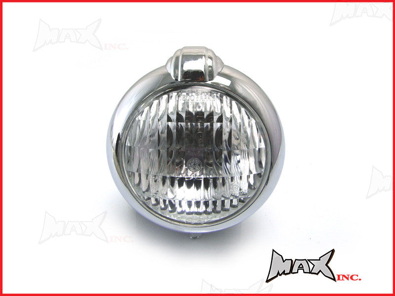 5 1/2" Bates Style Chrome Metal Headlight - 12V 35W Vintage Glass Lens, 3-Function (Parker/Low/High Beam) for Cafe Racers, Project Bikes, Streetfighters